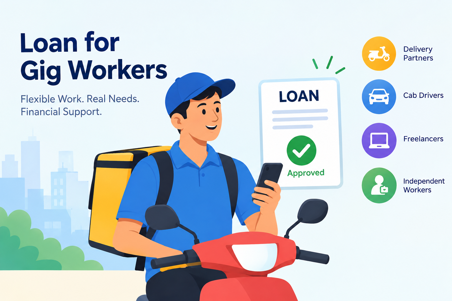 Loan for gig workers in India featuring a delivery partner on a scooter, with loan approval information for delivery partners, cab drivers, freelancers, and independent workers